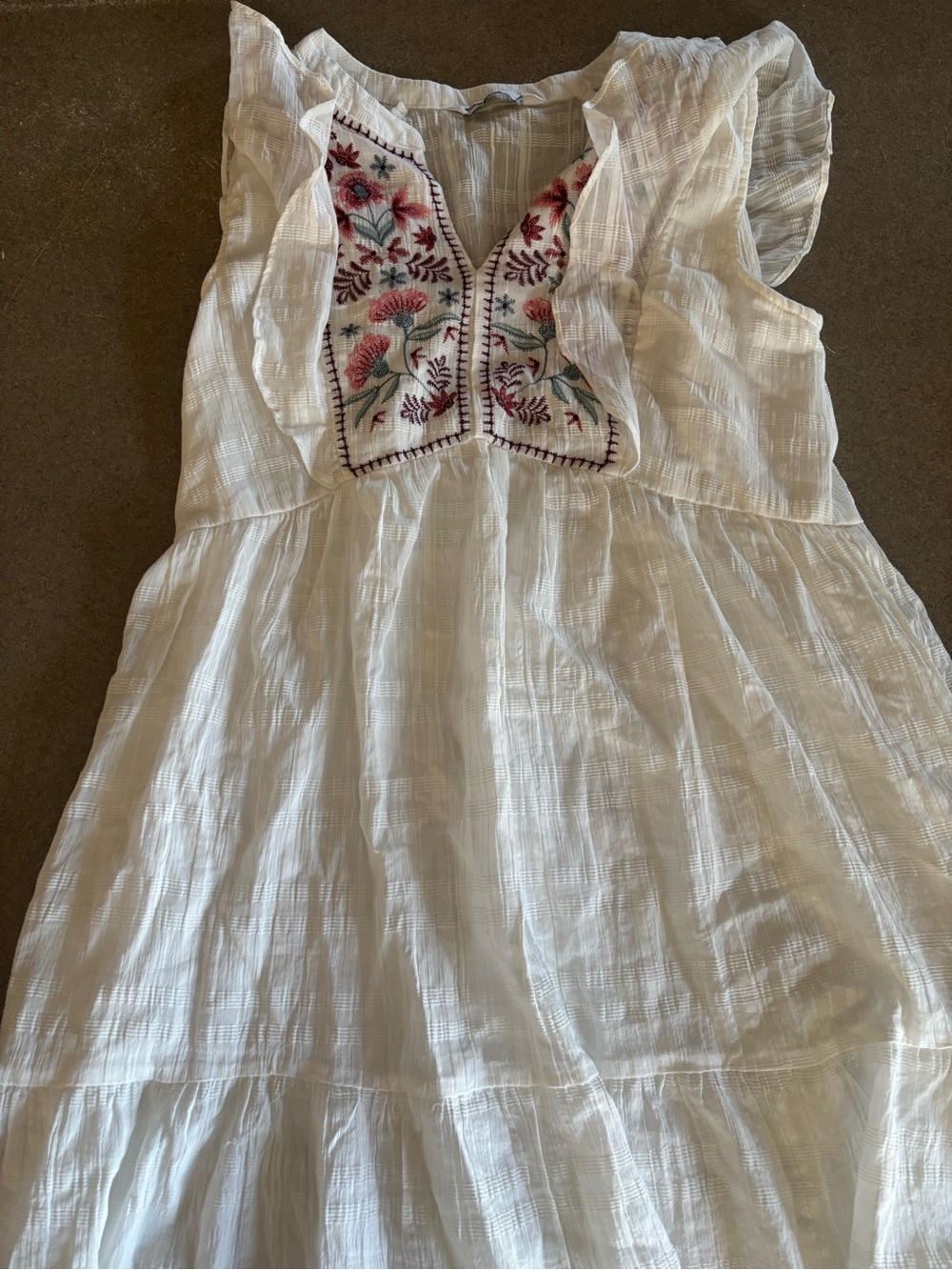 Sonoma White Gauze Dress with Pink Floral Embroidery